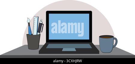 Laptop with a blue screen sits on a dark desk, flanked by a pen and ruler-filled black holder on the left. To the right, a blue coffee mug. The backdr Stock Vector