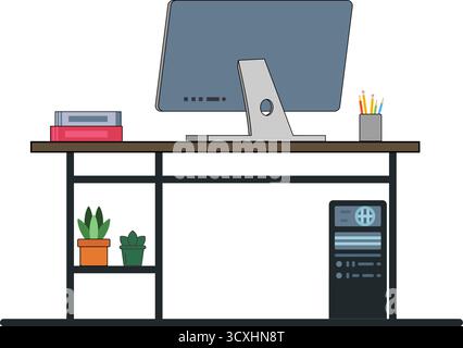 Modern desk with a computer monitor, books, and a pencil holder on top. Open shelves below contain potted plants and a computer tower. The design feat Stock Vector