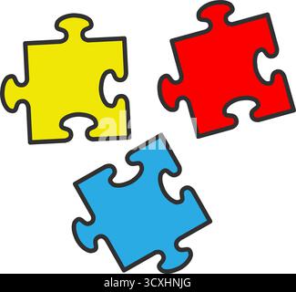 Three jigsaw puzzle pieces on a white background, each with four interlocking tabs and blanks. The pieces are brightly colored in red, blue, and yello Stock Vector
