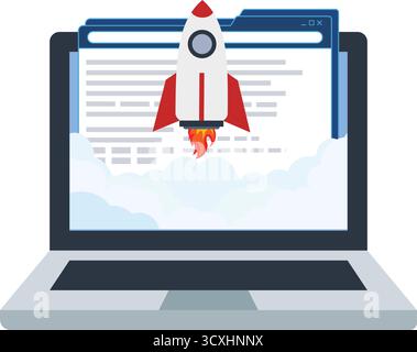 Rocket coming out of laptop computer screen for business startup launch concept on top of office desk, vector flat illustration Stock Vector