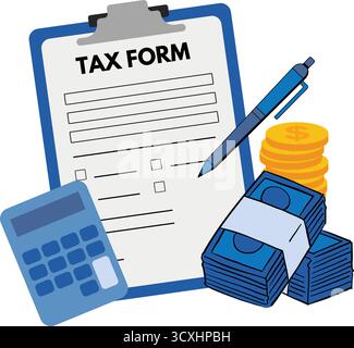 Tax statistics and report analysis, cost budgeting, finance, invoicing, tax, debt, loan and income data reporting or investment asset calculation and Stock Vector