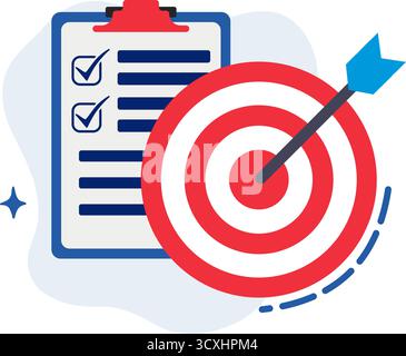 Vector illustration featuring a clipboard with checkmarks next to a large bullseye target. An arrow is positioned in the center of the target. The cli Stock Vector