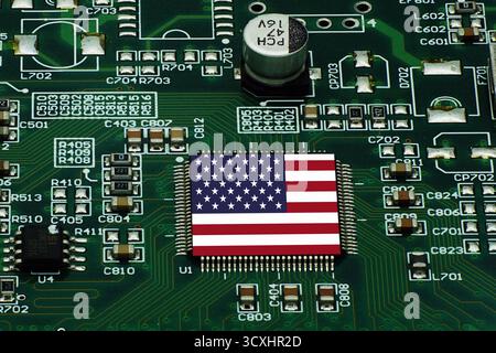 American flag on an AI GPU processor. Stock Photo