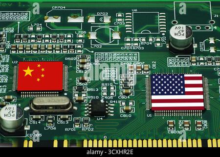 Chinese and American flags on AI GPU processors. Stock Photo