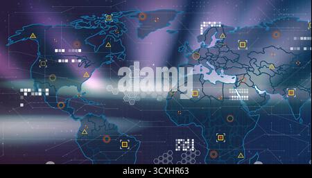 Displaying world map interface updating data on grid-lined dashboard, with geometric data markers Stock Photo