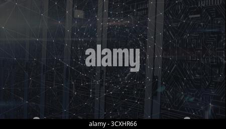 Showing server racks glowing with status indicator LEDs in dark server room, with network overlay Stock Photo