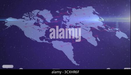 Displaying glowing purple world map floating in digital space, with red nodes and circuits Stock Photo