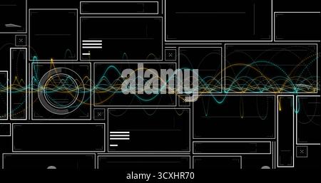 Displaying teal and gold waveform lines oscillating through digital dashboard, with white panels Stock Photo