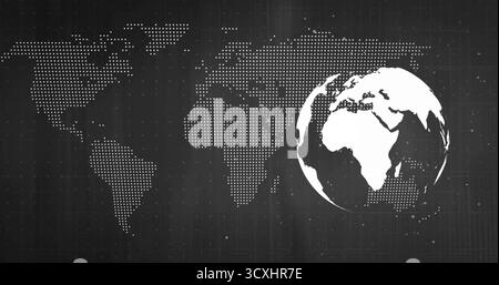 Displaying 3D globe showing Europe and Africa over grid, with dotted map, particles, copy space Stock Photo