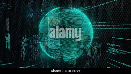 Floating holographic globe rotating in virtual data interface, with code streams and data lines Stock Photo