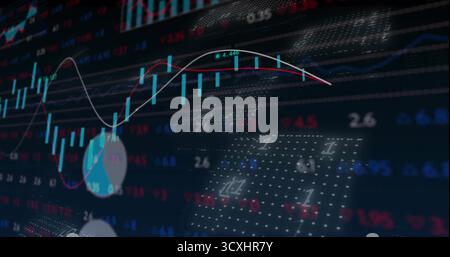 Showing abstract digital chart on virtual dashboard, displaying candlestick bars and trend line Stock Photo
