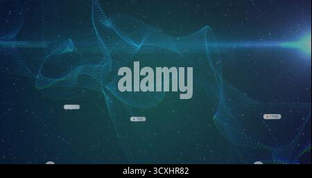 Showing blue-green data mesh forming waves in star field with floating numeric labels, lens flare Stock Photo