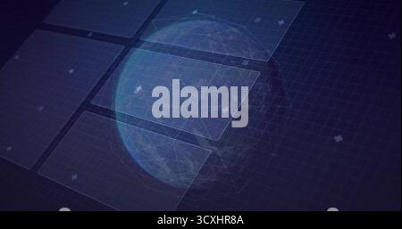 Displaying wireframe globe floating over virtual data interface grid, featuring panels and markers Stock Photo
