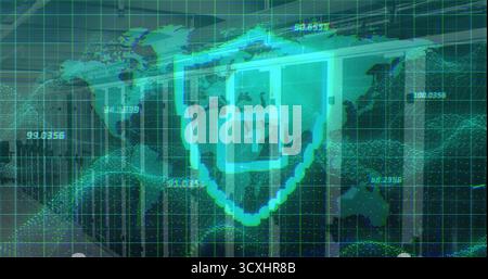 Displaying glowing shield icon with cross securing data on dashboard, world map and grid lines Stock Photo