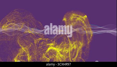 Flowing translucent wave traversing purple digital background, with swirling yellow particle clouds Stock Photo
