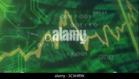 Displaying green crypto dashboard showing yellow line chart, CRYPTO text, binary digits, circuitry Stock Photo