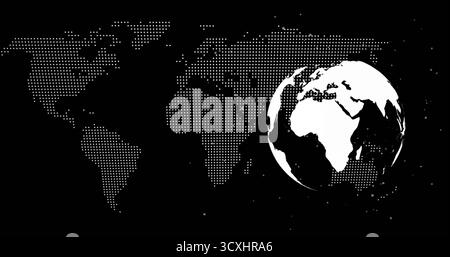 Displaying white 3D globe showing Africa and Europe on interface, with dotted world map, copy space Stock Photo