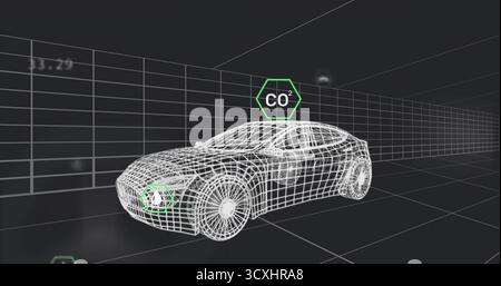 Displaying wireframe sedan model rotating in virtual grid tunnel, with green hexagonal CO² icons Stock Photo