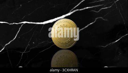 Spinning gold NFT coin featuring circuits on sleek veined black marble surface casting reflection Stock Photo