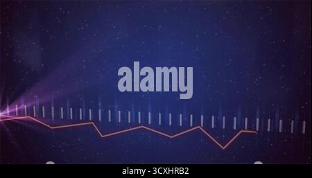 Displaying red jagged graph crossing translucent bars on panel, with magenta light, star particles Stock Photo