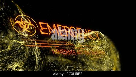 Showing amber biohazard symbol EMERGENCY and IMMEDIATE ACTION REQUIRED in void, particles swirling Stock Photo