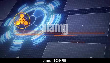 Displaying HUD with blue rings, segmented bars, orange node icon, panels on blue grid, copy space Stock Photo