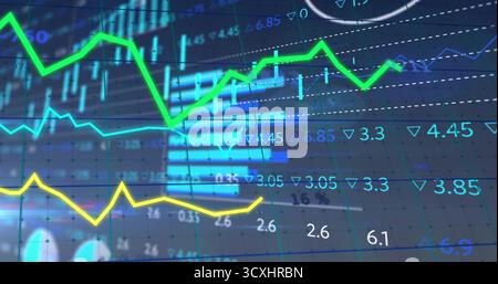 Displaying financial data showing market trends on screen, with colored line graphs and bar charts Stock Photo