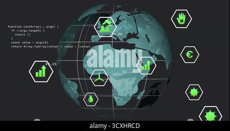 Displaying 3D globe focusing on Africa and Europe on dashboard, data icons, JavaScript code snippet Stock Photo
