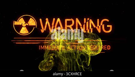 Displaying radiation symbol with warning label and data bar on dark screen, with smoke and embers Stock Photo