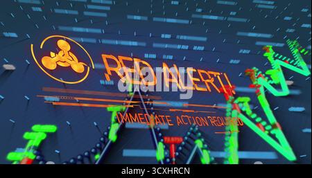 Displaying red alert and immediate action required on dashboard, with hazard icon and neon graphs Stock Photo