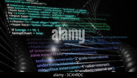 Displaying JavaScript and HTML code overlay on engine wall, with metal coils and spherical lights Stock Photo