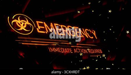 Displaying alert screen glowing on digital HUD, with biohazard icon, EMERGENCY text and particles Stock Photo
