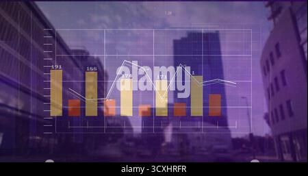 Displaying bar chart and white line graph overlay on metropolitan street view, with gold rust bars Stock Photo