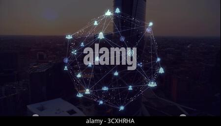 Hovering 3D network sphere glowing above cylindrical skyscraper at dusk, with social media icons Stock Photo