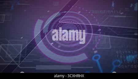 Displaying HUD over purple grid, featuring concentric rings, translucent panels, code snippets Stock Photo