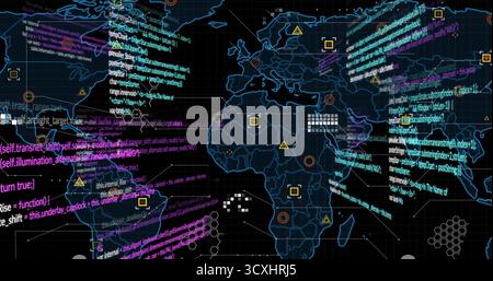 Displaying world map with code streams in data dashboard, neon shapes, red markers and hex patterns Stock Photo