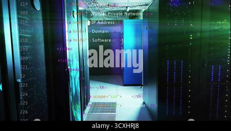 Illuminating data center corridor with blinking LED server racks and overhead cable tray Stock Photo