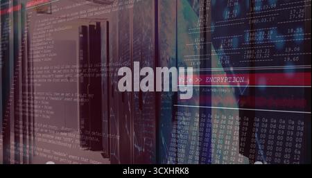 Displaying server racks processing encryption in data center, overlaying progress bar and globe Stock Photo