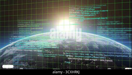 Orbiting planet Earth displaying green wireframe grid in space view, with code lines, sunrise glow Stock Photo