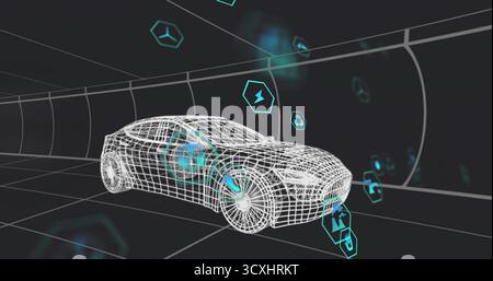 Rotating 3D wireframe car model displaying in grid tunnel, with floating hexagonal tech icons Stock Photo