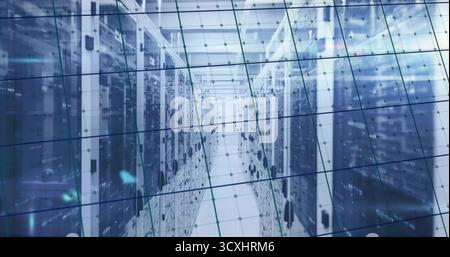Displaying central aisle running through data center, with server racks and network grid overlay Stock Photo