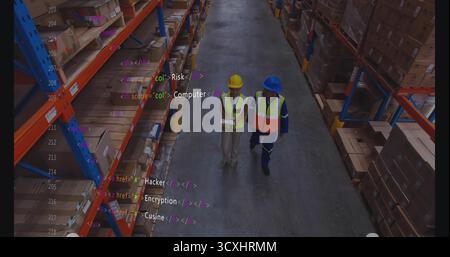 Inspecting boxes two workers using tablet and clipboard among warehouse racks with code annotations Stock Photo