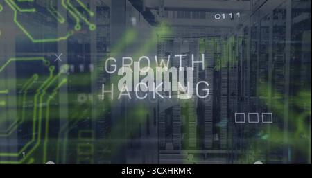 Displaying GROWTH HACKING text centering inside data center, with server racks, circuit overlay Stock Photo