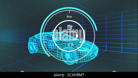 Displaying 3D wireframe car model on glowing blue grid floor, walls, with UI overlay, battery icon Stock Photo