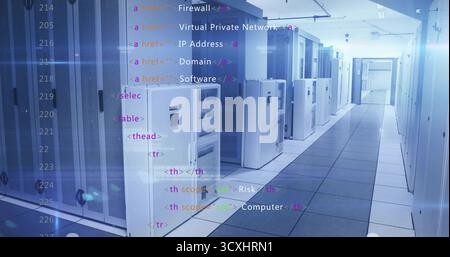 Displaying data center corridor stretching between server cabinets and racks, with code overlay Stock Photo