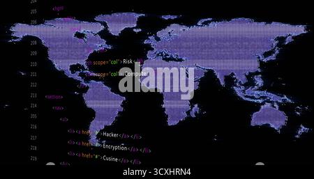 Displaying purple-hued pixelated world map on computer screen, showing colored HTML code lines Stock Photo