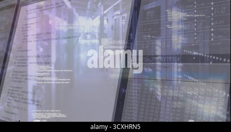 Displaying server racks with blinking LEDs in data center corridor showing code encryption overlay Stock Photo