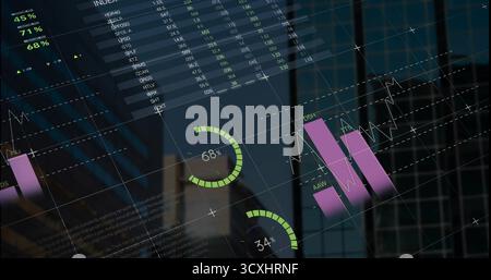 Displaying financial dashboard overlaying glass in office lobby, with data table, charts and device Stock Photo