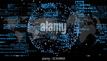 Displaying dotted world map on interface with 3D globe, blue data points, code on black grid Stock Photo