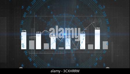 Displaying futuristic bar and line chart visualization on digital panel, with radial gauge overlay Stock Photo